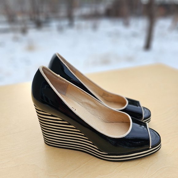 Michael Kors Shoes - Michael Kors Black Patent, White Stripe Dress Shoes Platform, Wedges, Size 6M